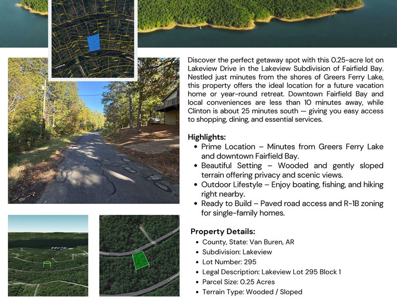 Dock, Drive, Dream 0.25 Ac $1 Down : Fairfield Bay : Van Buren County : Arkansas
